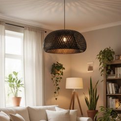 Black Bamboo Basket Pendant Light Warm Bulb