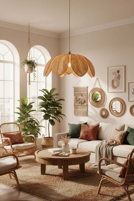 Boho Flower Petal Rattan Pendant Light - Warm & Textured