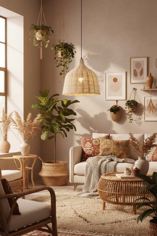 Boho Rattan Basket Pendant Light Natural - Vibrant & Creative