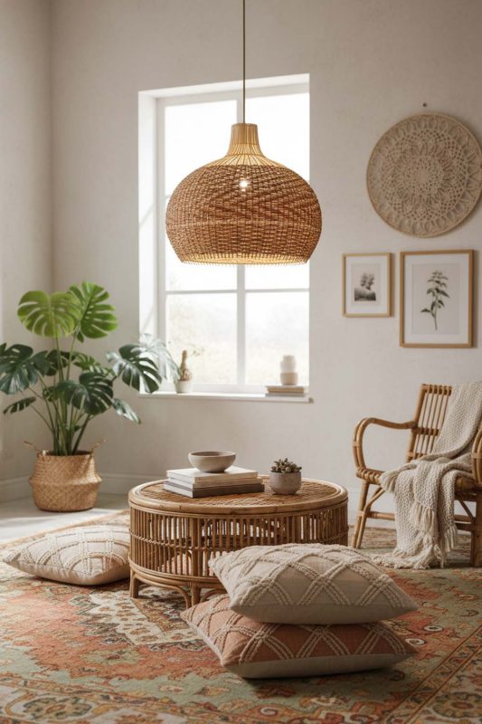 Boho Red Orange Rattan Pendant Light - Warm & Textured