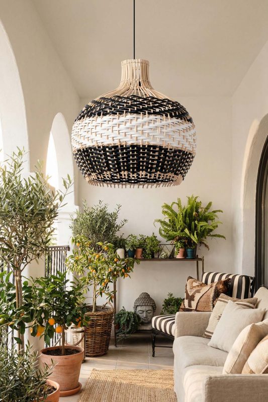 Boho Balcony Black And Natural Woven Rattan Pendant Light