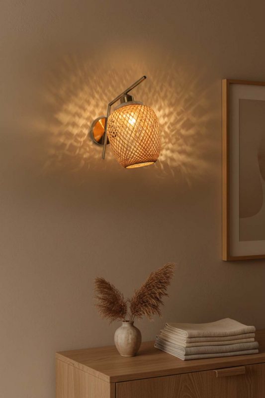 Boho Bedroom Rattan Wall Sconce With Light Pattern Shadow Warm Evening Ambiance
