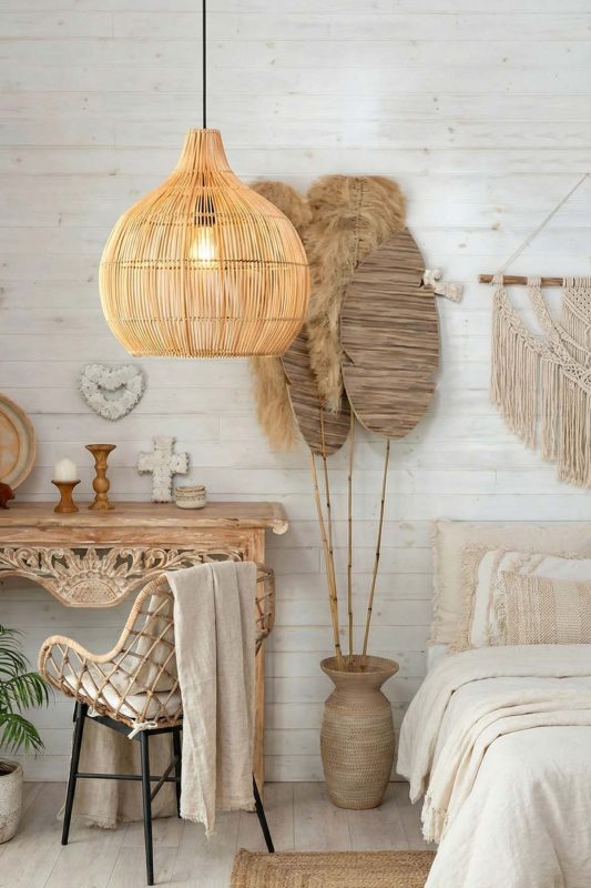 Boho Bedroom Woven Rattan Pendant Light Soft Neutral Decor