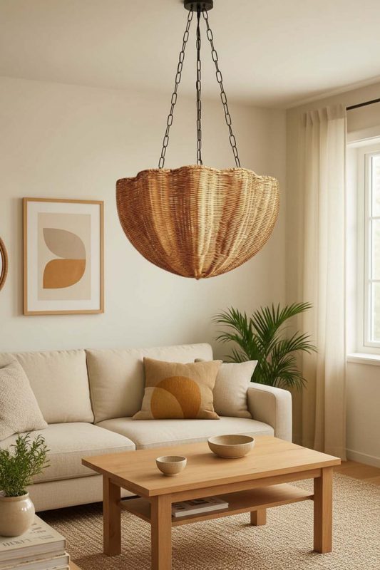 Boho Living Room Woven Rattan Chandelier With Chain Mount Cozy Interior