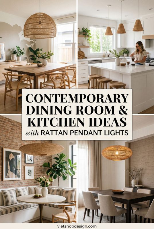 Contemporary Dining Room & Kitchen Ideas With Rattan Pendant Lights