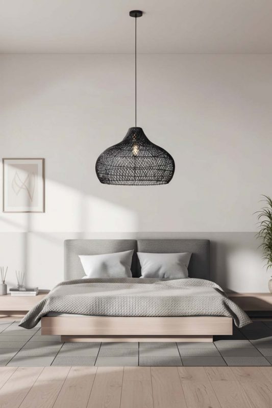 Contemporary Bedroom Black Woven Rattan Pendant Light Soft Neutral Decor