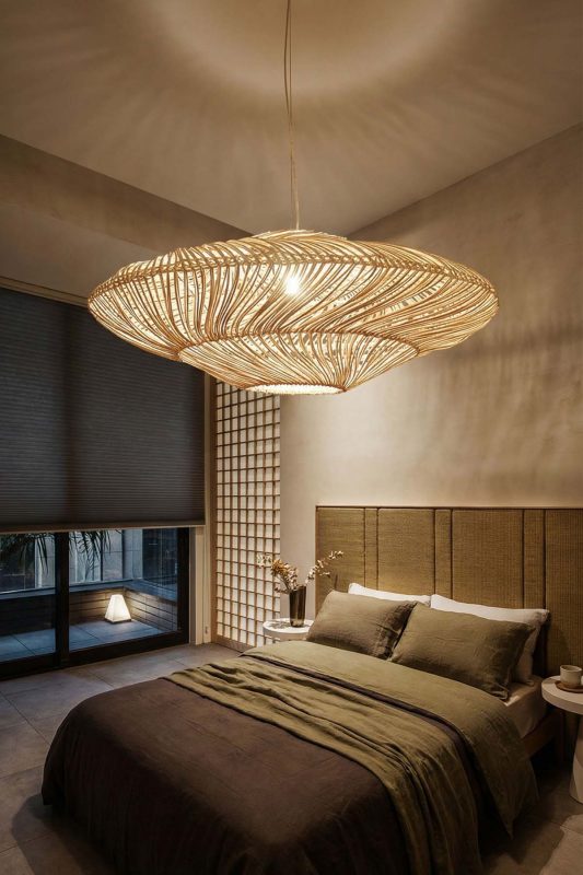 Contemporary Bedroom Layered Woven Rattan Pendant Light Cozy Fireplace Interior