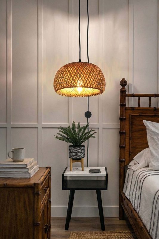 Contemporary Bedroom Small Woven Rattan Pendant Light Bedside Interior