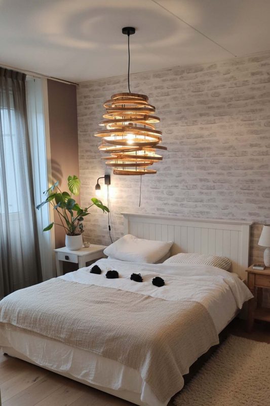 Contemporary Bedroom Spiral Wooden Pendant Light Modern Brick Wall Interior