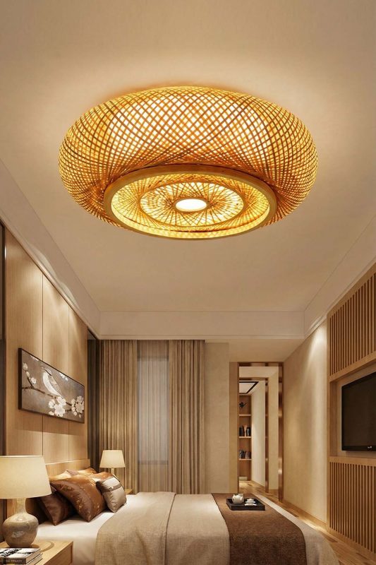 Contemporary Bedroom Woven Rattan Flush Mount Ceiling Light Ambient Lighting