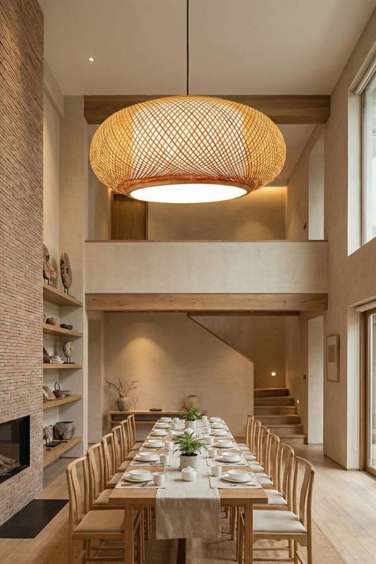 Contemporary Dining Hall Oversized Woven Bamboo Pendant Light High Ceiling