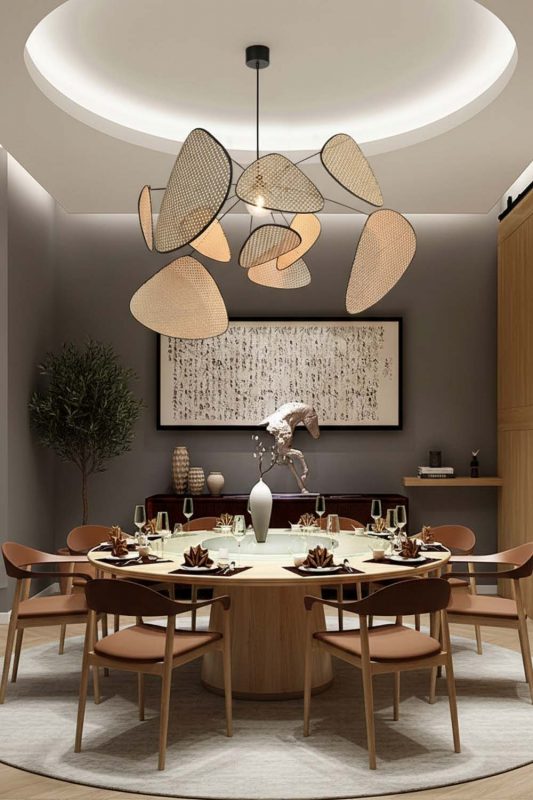 Contemporary Dining Room Abstract Rattan Chandelier Warm Modern Interior