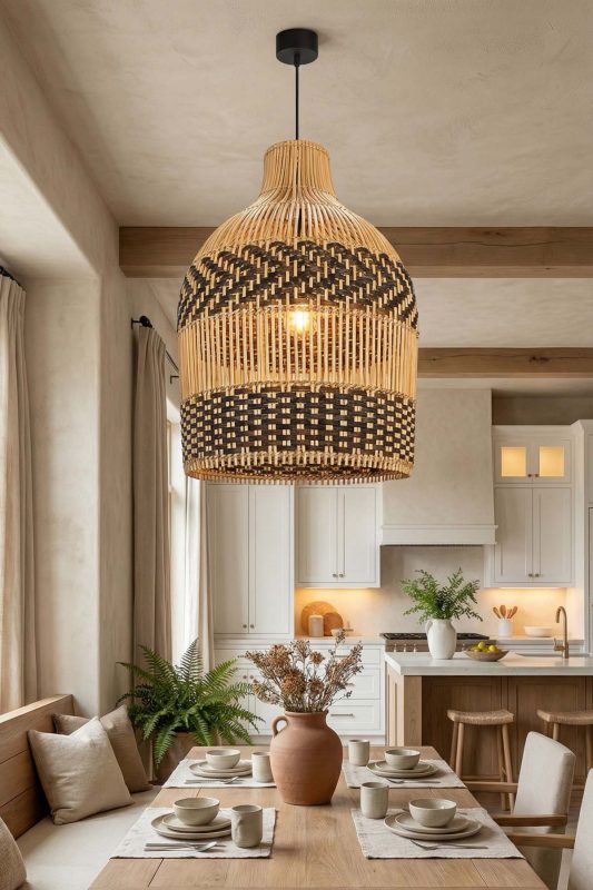 Contemporary Dining Room Black And Natural Woven Rattan Pendant Light Warm Interior