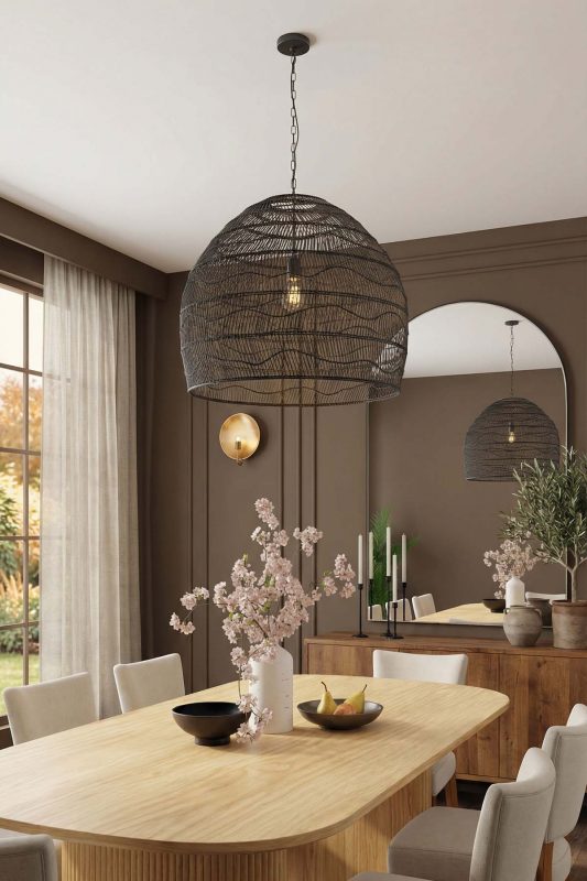 Contemporary Dining Room Black Woven Rattan Pendant Light Minimalist Interior