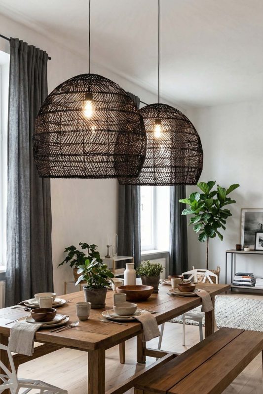 Contemporary Dining Room Black Woven Rattan Pendant Lights Modern Interior