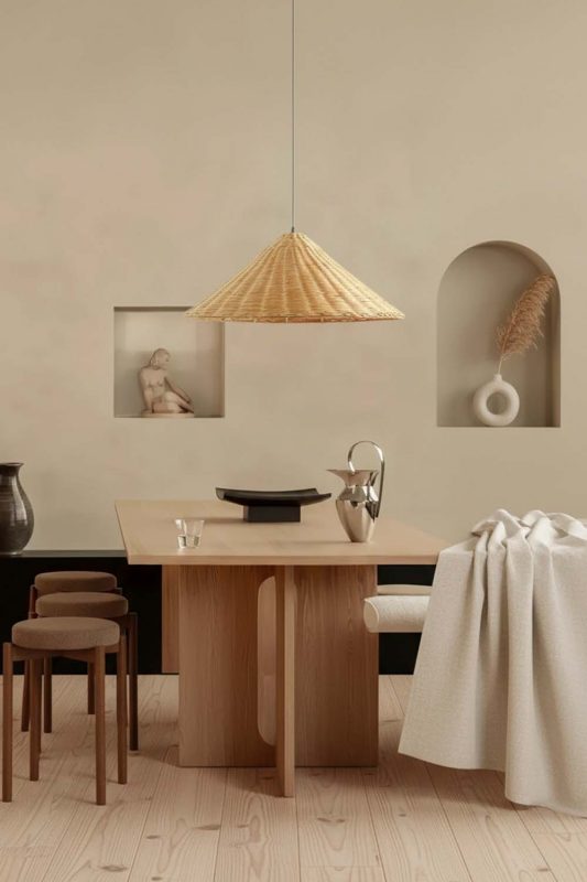 Contemporary Dining Room Conical Woven Rattan Pendant Light Moody Neutral Decor