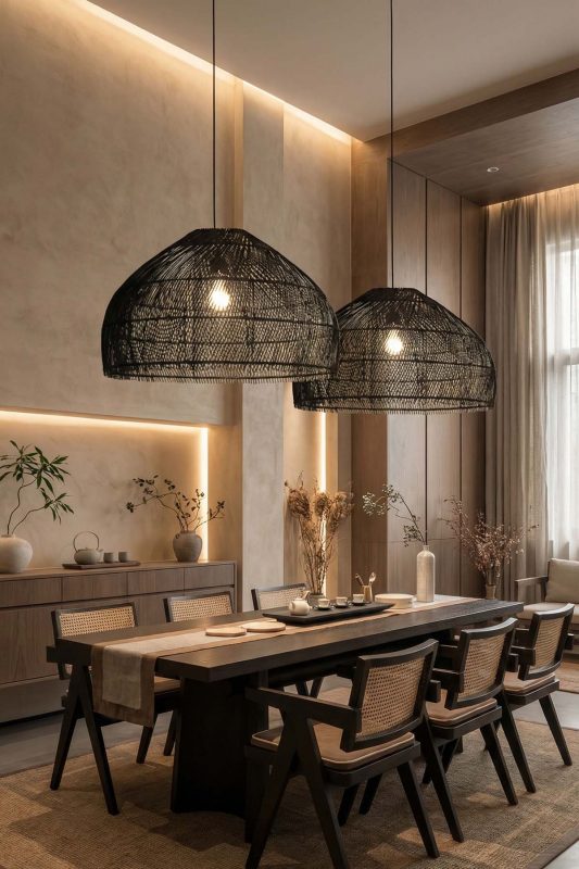 Contemporary Dining Room Double Black Woven Rattan Pendant Lights Moody Interior