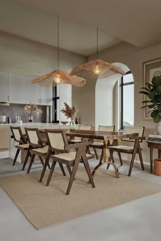 Contemporary Dining Room Double Petal Wooden Pendant Lights Warm Interior