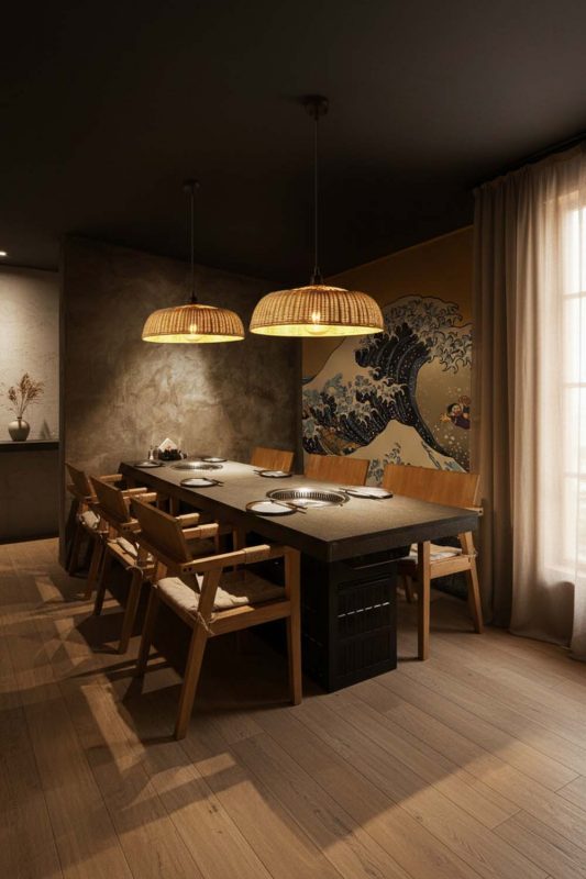 Contemporary Dining Room Double Wide Woven Rattan Pendant Lights Moody Interior