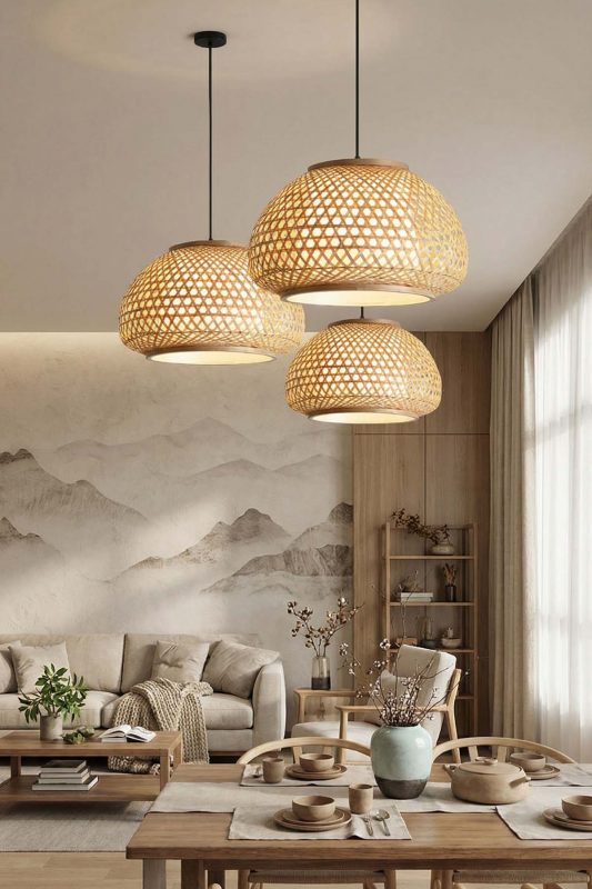 Contemporary Dining Room Double Woven Bamboo Pendant Lights Warm Neutral Interior