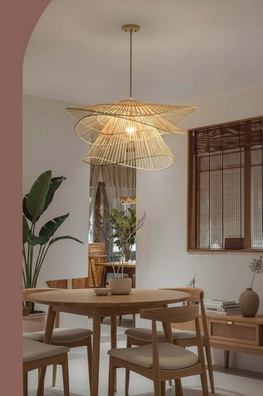Contemporary Dining Room Layered Woven Rattan Pendant Light Modern Decor