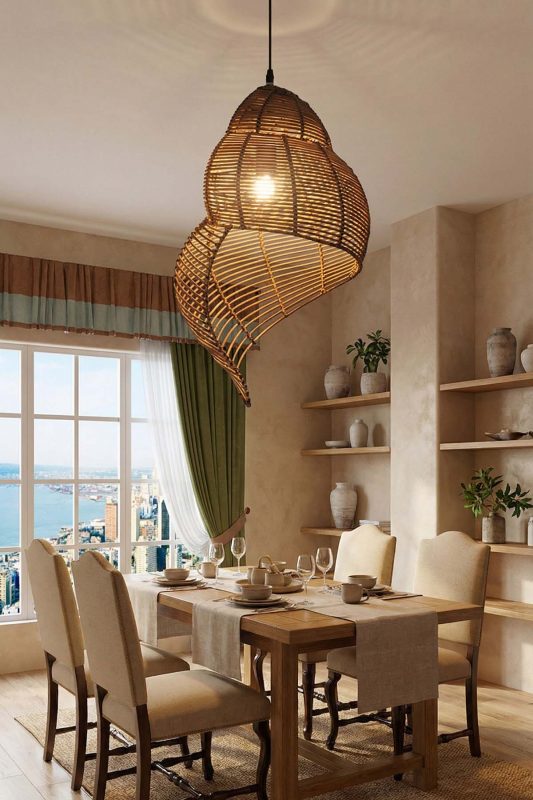 Contemporary Dining Room Sculptural Dark Woven Rattan Pendant Light Warm Decor