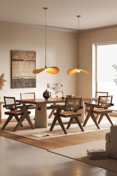 Contemporary Dining Room Slat Pendant Lights Warm Modern Decor