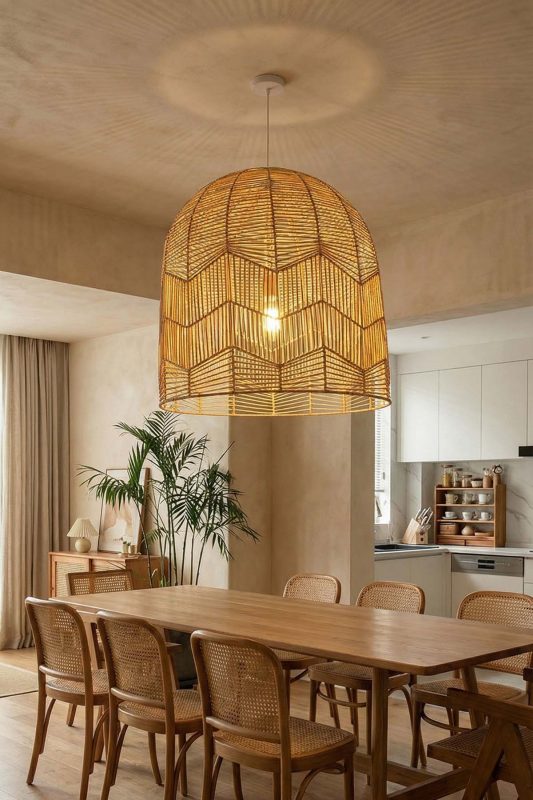 Contemporary Dining Room Tall Woven Rattan Pendant Light Warm Neutral Interior