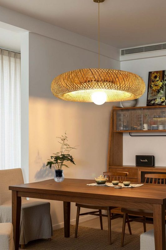 Contemporary Dining Room Wide Woven Rattan Pendant Light Modern Decor