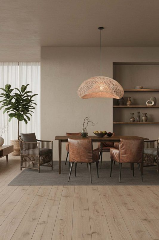 Contemporary Dining Room Wide Woven Rattan Pendant Light Warm Modern Decor