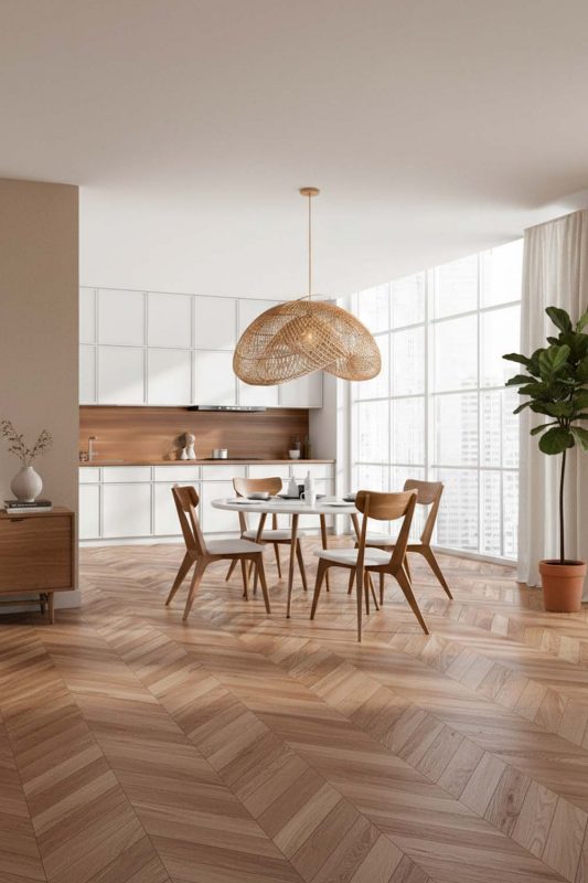 Contemporary Dining Room Wing Shaped Woven Rattan Pendant Light Herringbone Floor