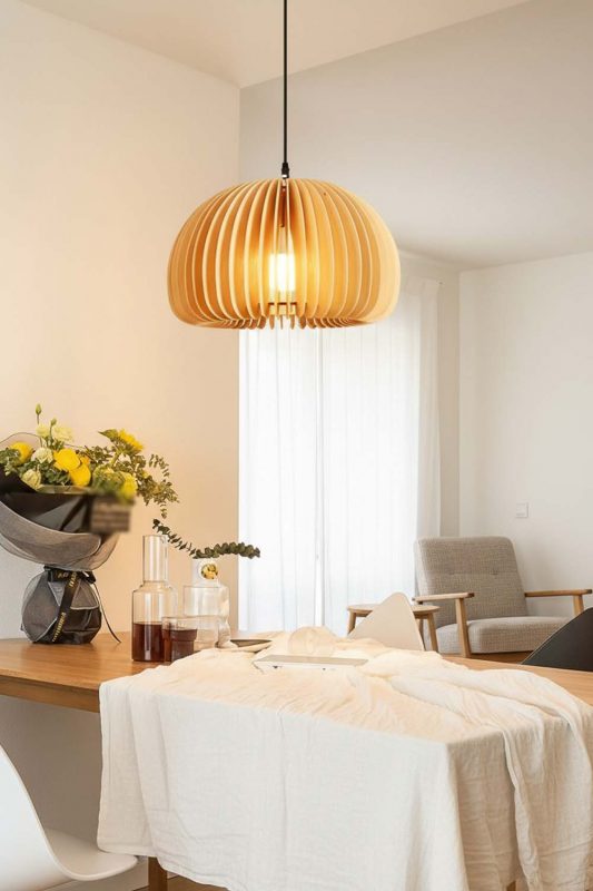 Contemporary Dining Room Wooden Slat Pendant Light Bright Neutral Decor