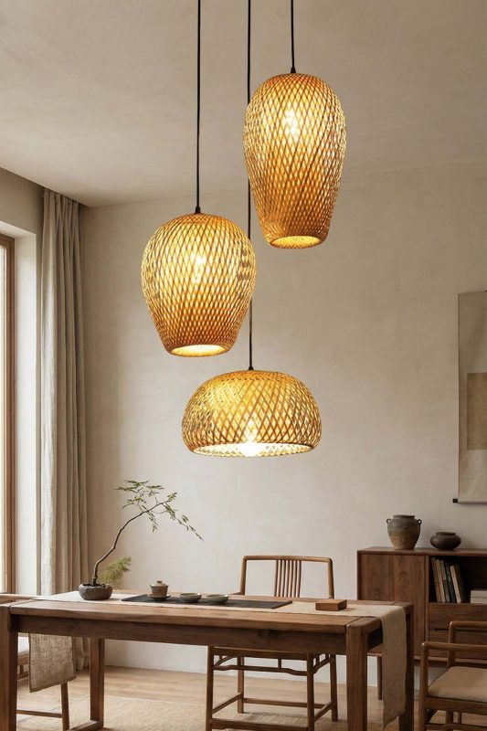 Contemporary Dining Space Layered Woven Bamboo Pendant Lights Warm Glow