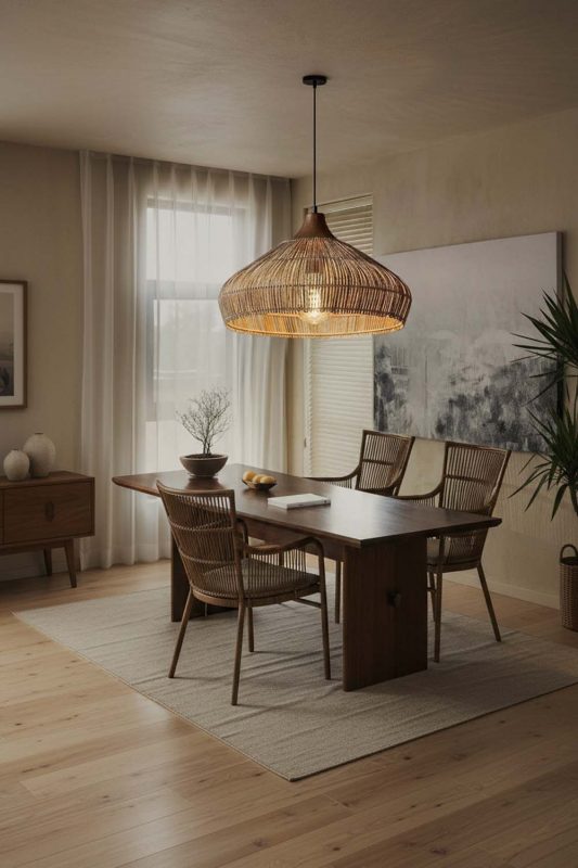 Contemporary Home Office Woven Rattan Pendant Light Warm Wooden Desk Decor