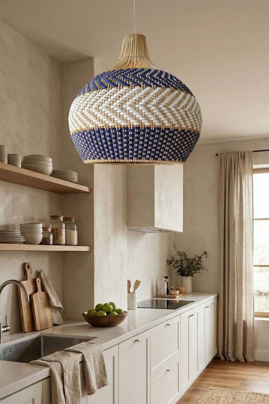 Contemporary Kitchen Blue And Natural Woven Rattan Pendant Light Warm Interior