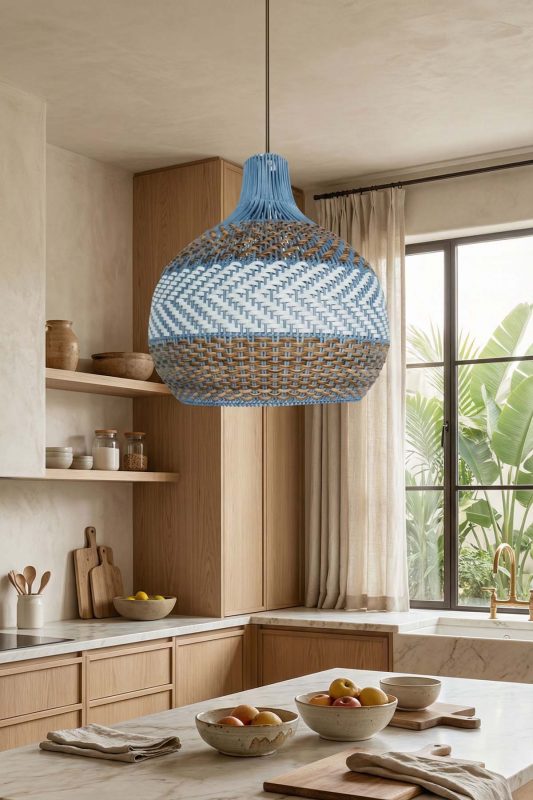 Contemporary Kitchen Blue And Natural Woven Rattan Pendant Light Window Side