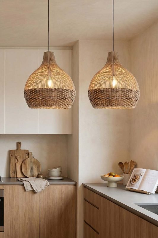 Contemporary Kitchen Double Woven Rattan Pendant Lights Wooden Cabinetry Interior