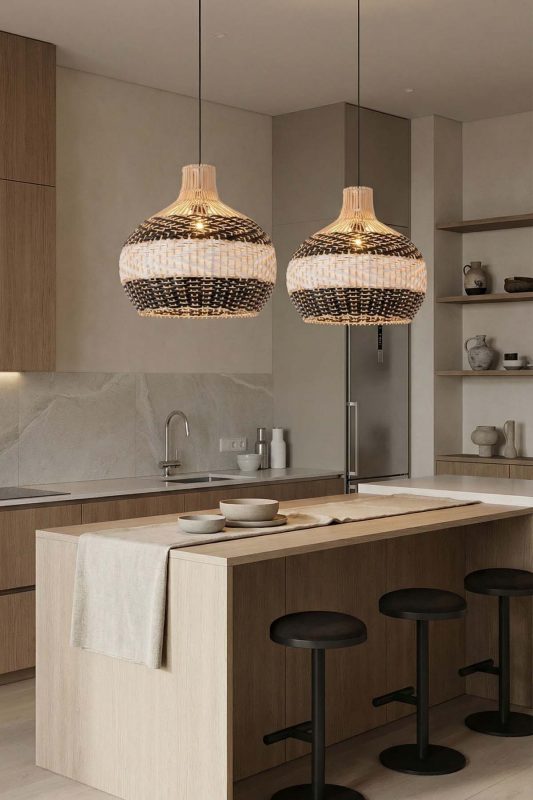 Contemporary Kitchen Island Double Black And Natural Rattan Pendant Lights