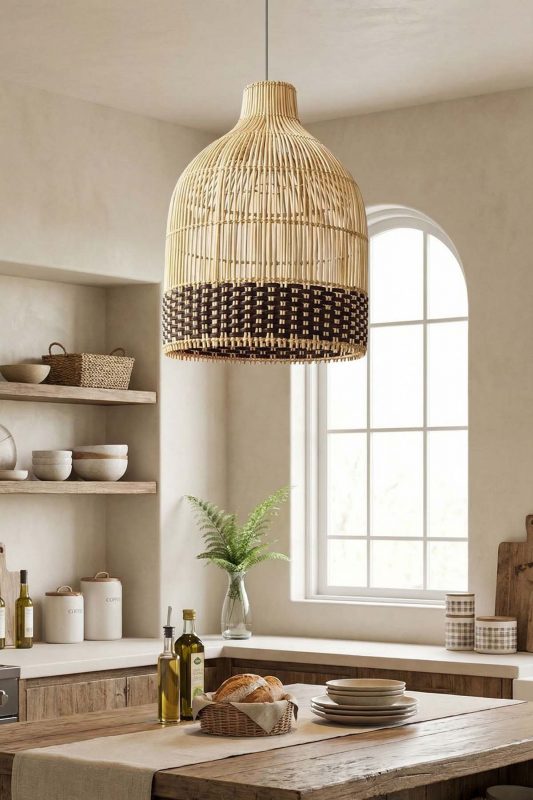 Contemporary Kitchen Two Tone Woven Rattan Pendant Light Window Side Interior