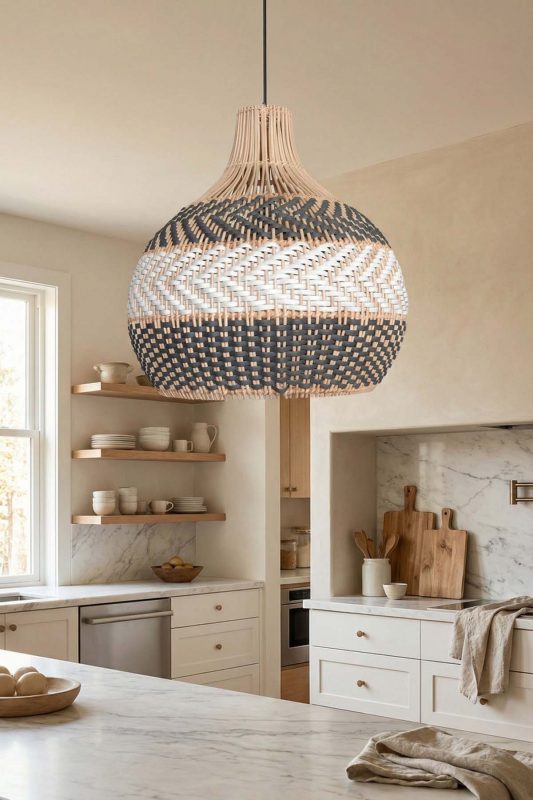 Contemporary Kitchen White And Gray Woven Rattan Pendant Light Neutral Decor