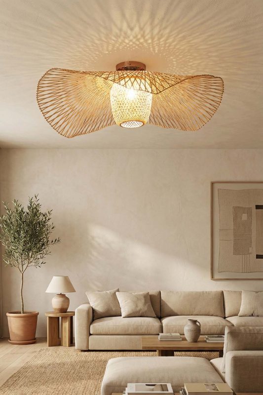 Contemporary Living Room Artistic Woven Rattan Ceiling Light Shadow Pattern Decor