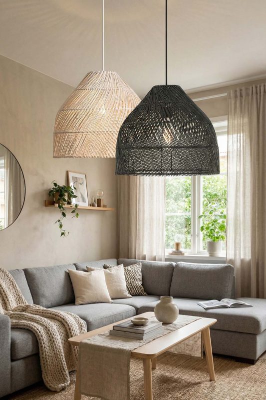Contemporary Living Room Black And Natural Woven Rattan Pendant Lights