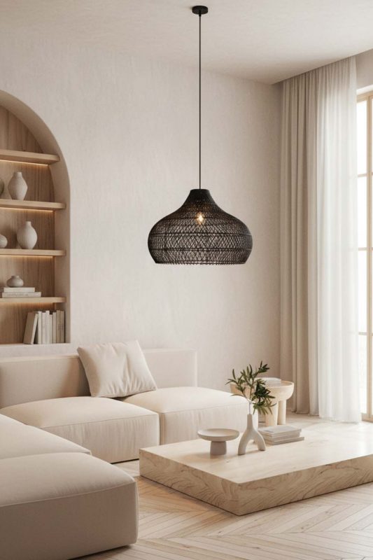 Contemporary Living Room Black Woven Rattan Pendant Light Neutral Decor
