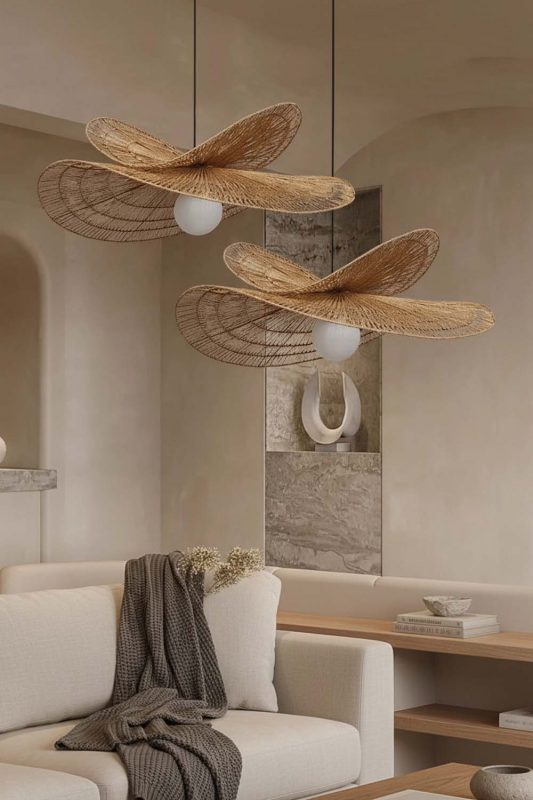 Contemporary Living Room Double Wing Shaped Woven Rattan Pendant Lights Modern Decor