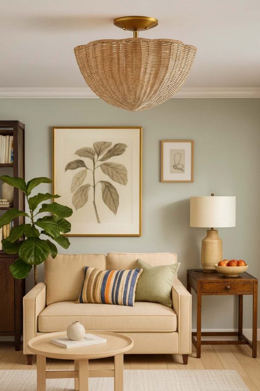 Contemporary Living Room Inverted Cone Rattan Semi Flush Ceiling Light Soft Neutral Decor