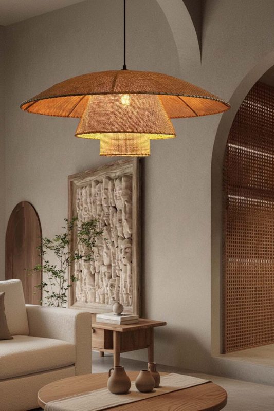 Contemporary Living Room Layered Wooden Pendant Light Organic Arch Interior