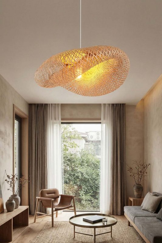 Contemporary Living Room Layered Woven Rattan Ceiling Light Organic Interior