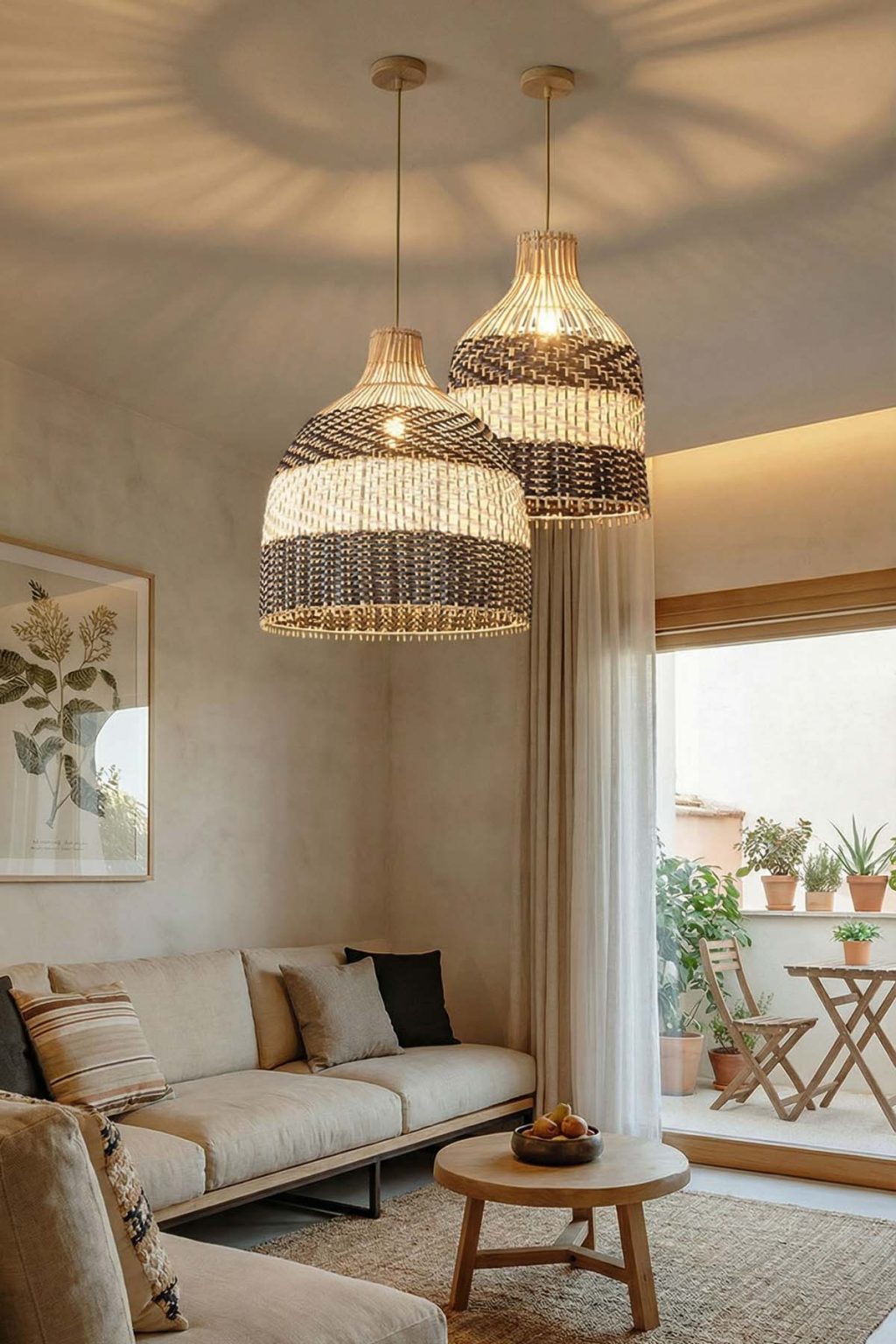 Contemporary Living Room Ideas with Woven Rattan Pendant Lights