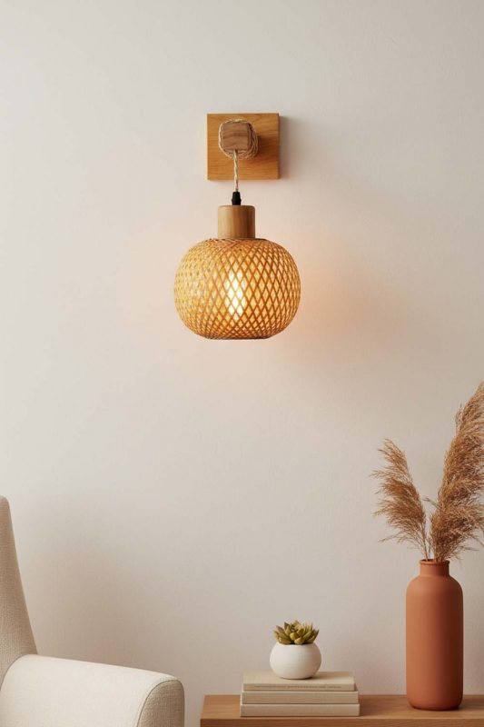 Contemporary Living Room Mini Woven Rattan Wall Sconce Warm Evening Lighting