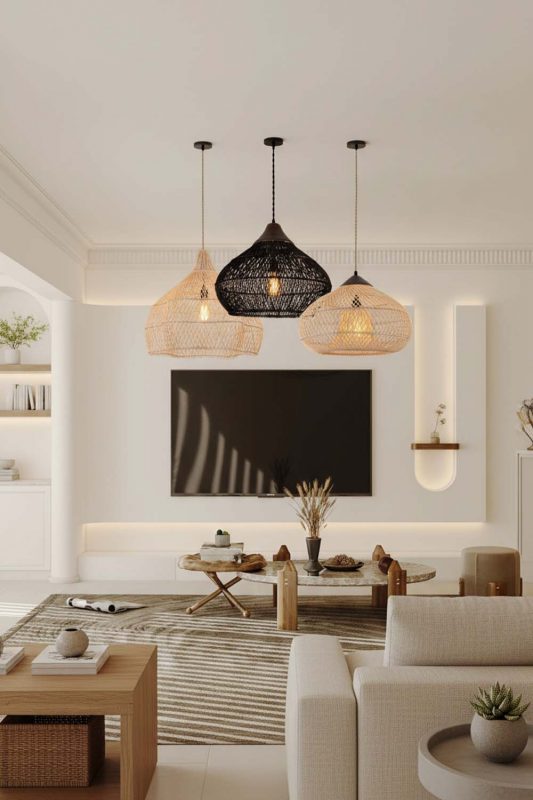 Contemporary Living Room Mixed Color Woven Rattan Pendant Lights Minimalist Decor